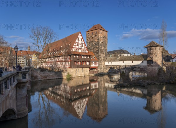 Maxbrücke, Weinstadel, water tower, Henkersteg, Henkerbrücke (from left), river Pegnitz, Old Town,