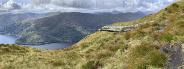 Rocks at Ben Lomond, view of Loch Lomond and the Trossachs National Park, Ben Lomond, Rowardennan,