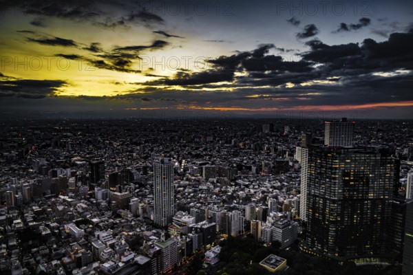 Shinjuku of city landscape and sunset visible from the observatory of the Tokyo Metropolitan