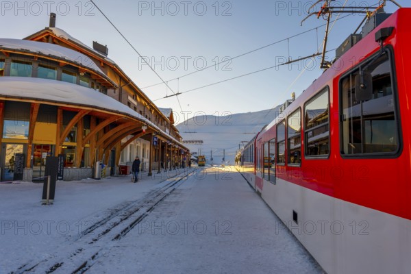 Railroad Station at 2061 Meters High Up in a Snowy Sunny Winter Day in Kleine Scheidegg,