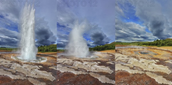 Collage showing different phases of the action of the geyser. Geyser Strokkur in Iceland. Fountain