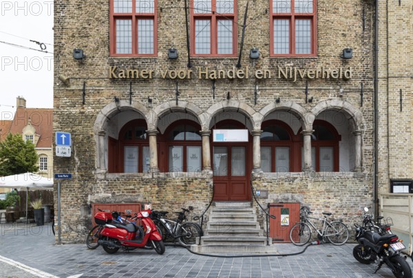 Veurne, West Flanders Region, Belgium, 07 18 2021 Facade of the Chamber of commerce at the old