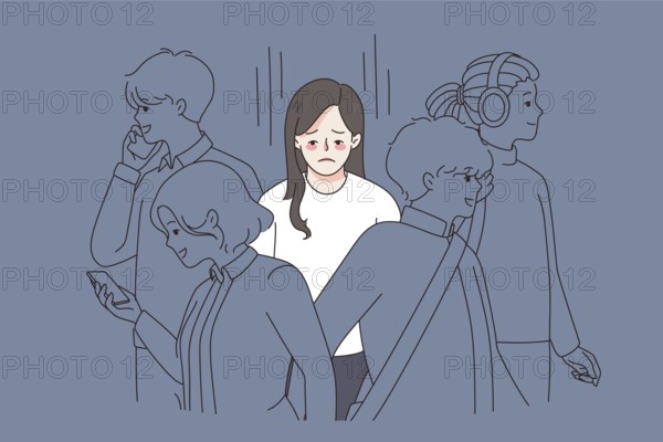 Unhappy young woman in crowd feel lonely abandoned in society. Upset sad girl suffer from