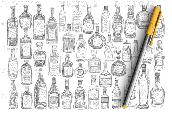 Various glass bottles doodle set. Collection of hand drawn glass bottles with labels for drinks