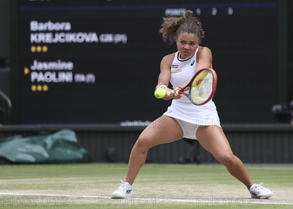 Italian tennis player Jasmine Paolini in action at the 2024 Wimbledon Championships, London,