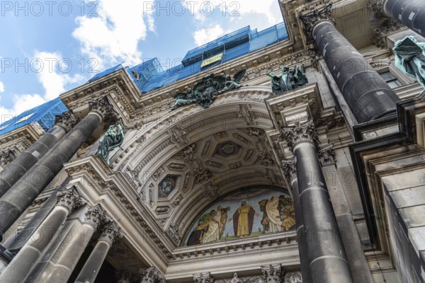 Berlin, Germany, July 27, 2019: Berlin Cathedral, Berliner Dom under renovation. Low angle view,
