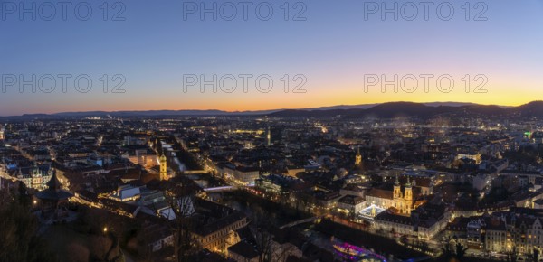 Evening mood, view from the Schlossberg to the illuminated Murinsel and the Mariahilferkirche,