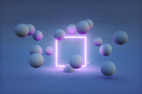 3d render of neon frame with balls around it. modern technology concept. High quality 3d