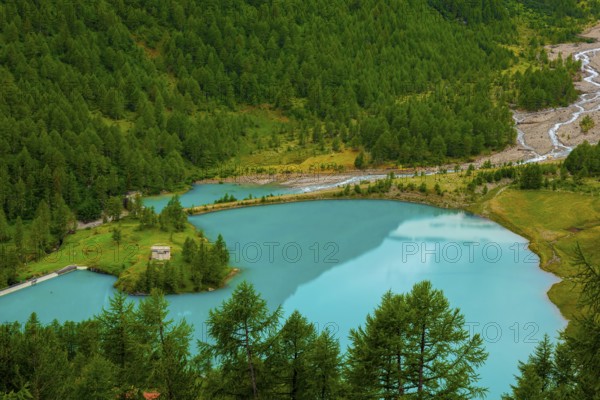 Beautiful Mountain Alp Grüm and Alpine Lake Palü in a Summer Day in Poschiavo, Bernina, Grisons,