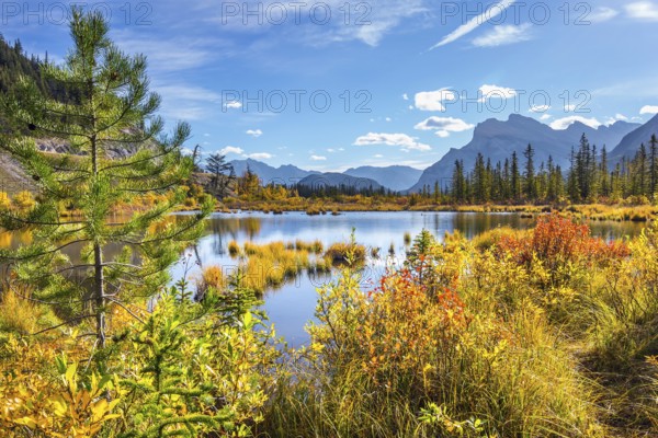 The Rocky Mountains of Canada. The magic of northern Indian summer. Lake Vermillon among yellow