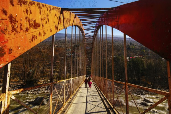 Small pedestrian bridhe through Beas river, but I see small car cross this bridge!Himachal Pradesh.