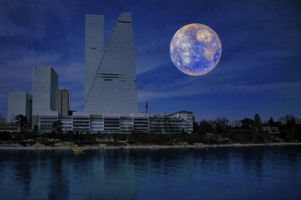 A modern building in front of a bluish full moon is reflected in the river at night, pharmaceutical
