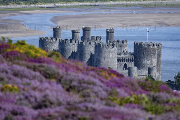 View from the mountains to Conwy Castle, ruins of the medieval castle on the river Conwy with