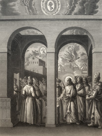 Pharisees try to trap Jesus, New Testament, steel engraving 1853, digitally restored