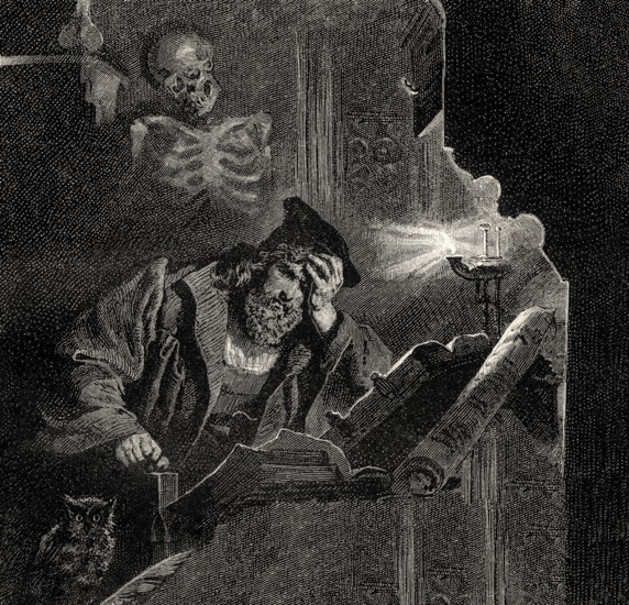 Faust, restless, seated at his desk, first part of the tragic play Faust by Johann Wolfgang von