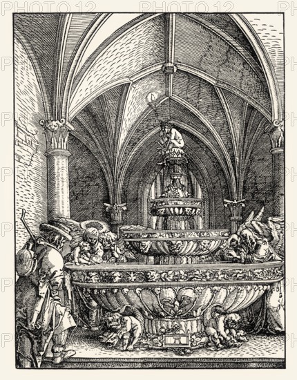 The Holy Family at the fountain, escape to Egypt, Albrecht Altdorfer, 16th century, digitally