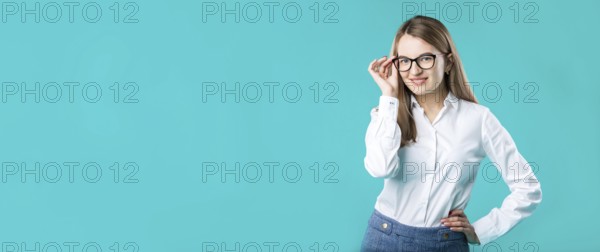Blank for advertising. portrait young caucasian woman worker teacher coach mentor in white shirt