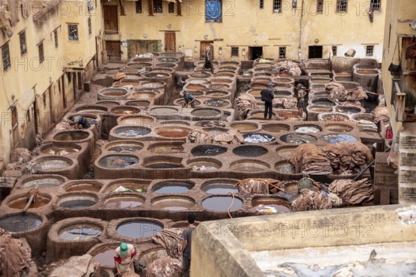 Famous tannery in the medina of Fes, where leather is being processed for generations, Morocco,