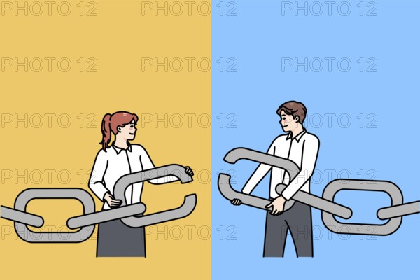 Businesspeople hold chain with missing link find solution together. Man and woman employee solve