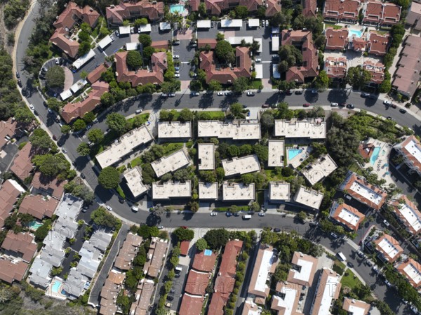 Aerial top view of middle class community condominium apartment, North County San Diego,