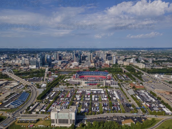 Aerial view of the City of Nashville, Tennessee. Located on the Cumberland River, the city is the