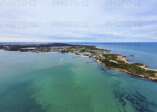 An aerial view over the rural township of Robe on the Limestone Coast on a sunny autumn day in