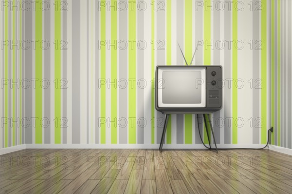 An old vintage tube television in seventies style room 3D illustration