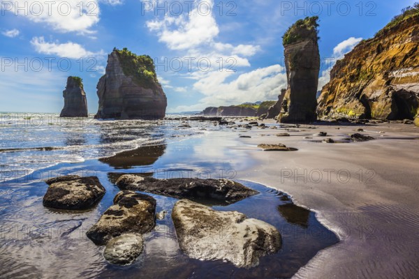 Exotic journey to the end of the world. North Island, New Zealand. Famous rocks Three Sisters on
