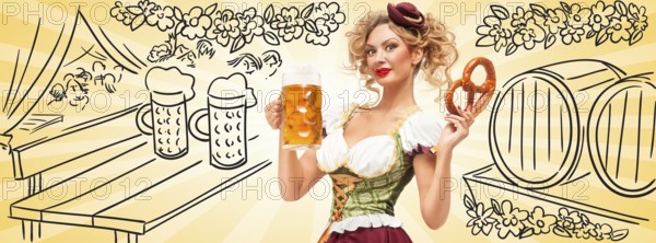 Beautiful sexy Oktoberfest waitress wearing a traditional Bavarian dirndl dress holding a pretzel