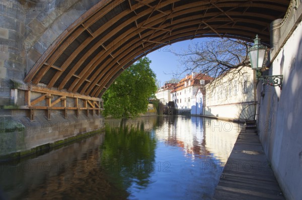 Kampa Island, also known as Venice of Prague, in the Mala Strana, the old houses are reflected in