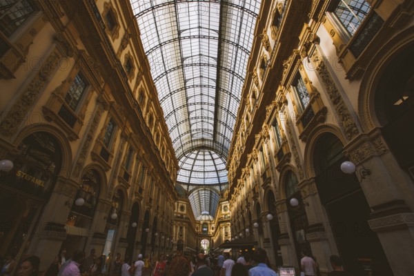 Milan, Italy July 15, 2017: Glass dome of Galleria Vittorio Emanuele in Milan, Italy, Milano,