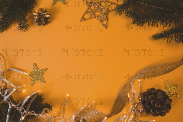 Top view of Christmas decoration, place for greetings, border design