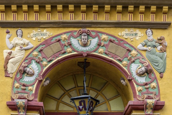 Detail of the coloured Renaissance entrance portal of the Alte Raths-Apotheke from 1598 in the