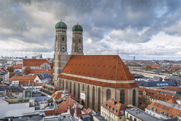 Frauenkirche (Cathedral of Our Dear Lady) is a church in Munich, Bavaria, Germany. Aerial view from