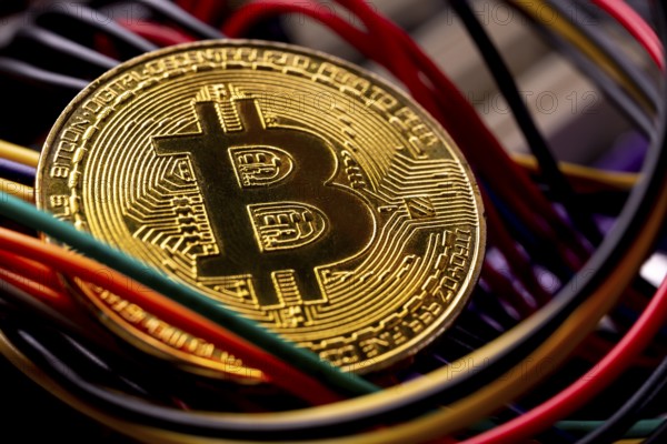 Virtual cryptocurrency money Bitcoin golden coin on a computer printed circuit board PCB surrounded