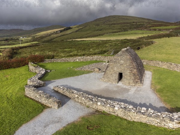 Gallarus Oratory aerial view (Séipéilín Ghallarais), early Christian church, Dingle Peninsula,