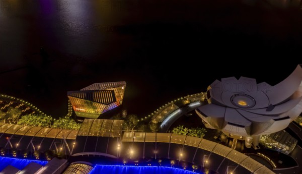 Singapore City, Singapore, January 23, 2019: Night aerial view of ArtScience Museum and Louis