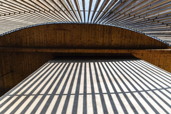 Berlin, Germany, July 28, 2019: Chapel of Reconciliation. Interior gallery covered with wooden