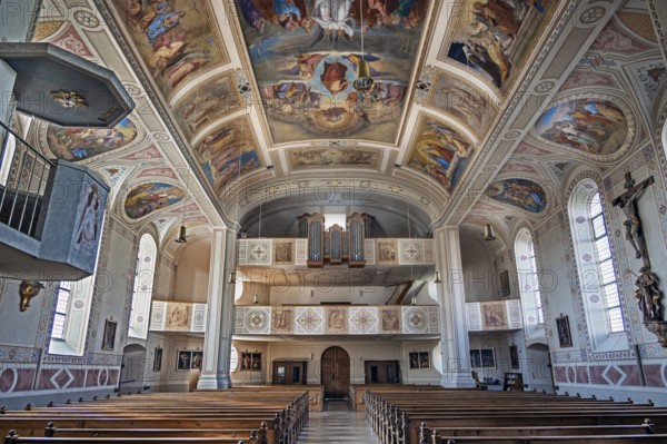 Organ loft and ceiling frescoes, St. Blasius Catholic Parish Church in Dietmannsried, Allgäu,