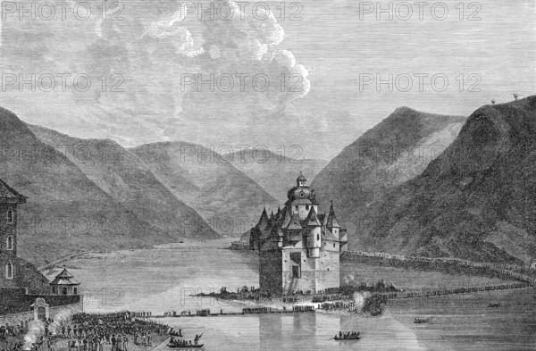 The 1st Silesian Army crosses the river Rhine led by General Blucher near Kaub on 1 January 1814,