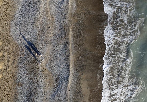 Aerial drone point of view of person walking on sand in a beach. Stormy waves idyllic beach in