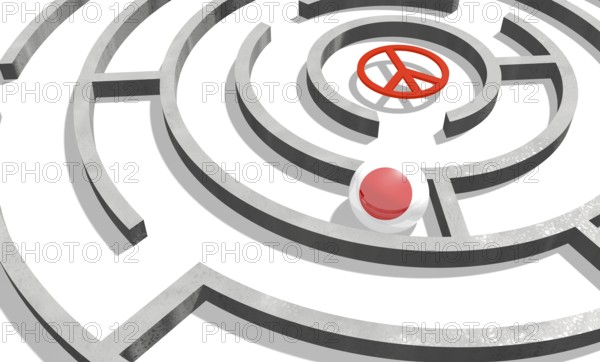 Image relative to politic situation in Japan. National flag textured sphere in labyrinth. 3d