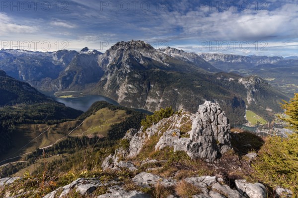View on Königssee and Watzmann from the summit of Jenner in Berchtesgadener Land, Bavaria, Germany,