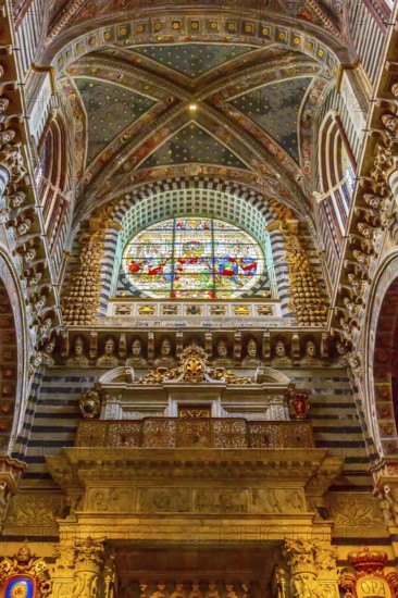 Siena Italy, October 25, 2018: Wall, stained-glass window and ceiling decorations in Siena