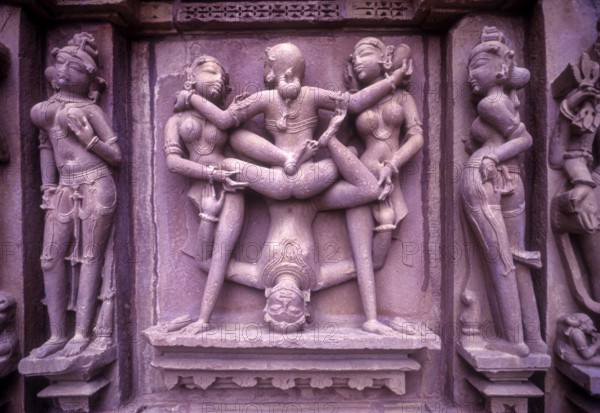 Erotic images on the Exterior wall of the Kandariya Mahadeva temple in Khajuraho, Madhya Pradesh,
