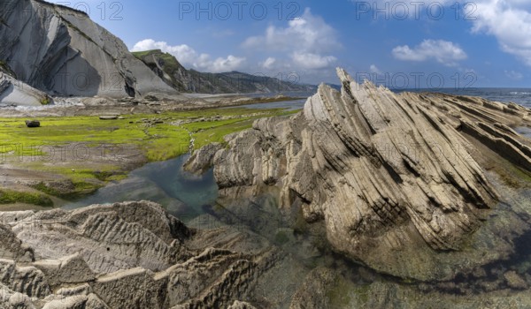 A view of the Flysch rock formations and cliffs with tidal pools on the Basque Country coast near