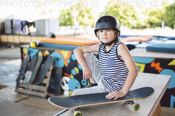 Boy sitting at skatepark, looking camera. Kid resting with skate board at skate park. child sits on