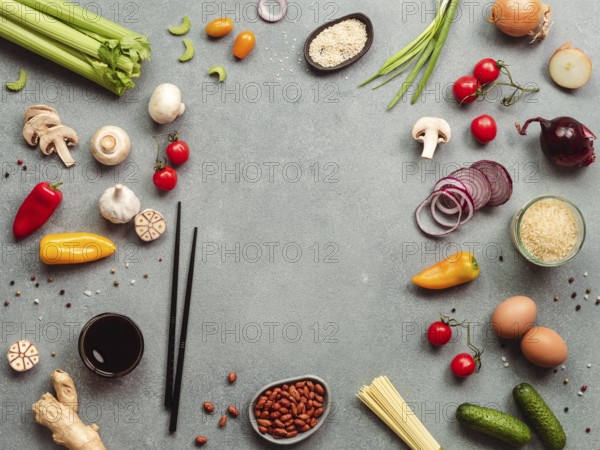 Asian food ingredients with copy space. Various of Chinese cooking ingredients and chopsticks on