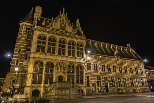 Zoutleeuw, Flanders, Belgium, 03 03 2019: View over the facade of the medieval Cloth Hall at the