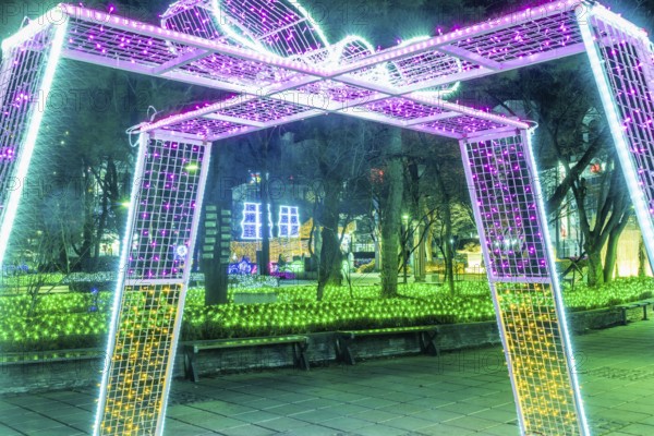 Taebeck, South Korea. January 29, 2019: Structure resembling wrapped gift made of lights on display